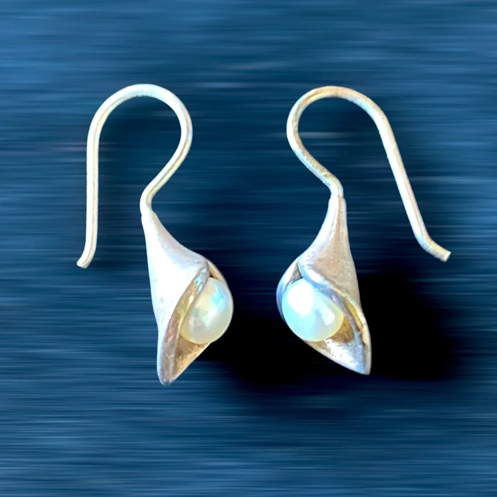 Sterling Silver and Pearl Bugle Shaped Teardrop Earrings